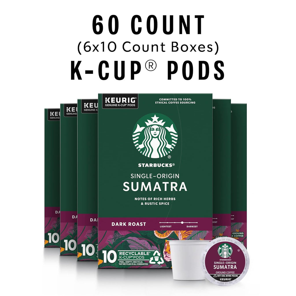 Starbucks K-Cup Coffee Pods - Dark Roast Sumatra, 100% Arabica, 60 Pods Total for Keurig Brewers