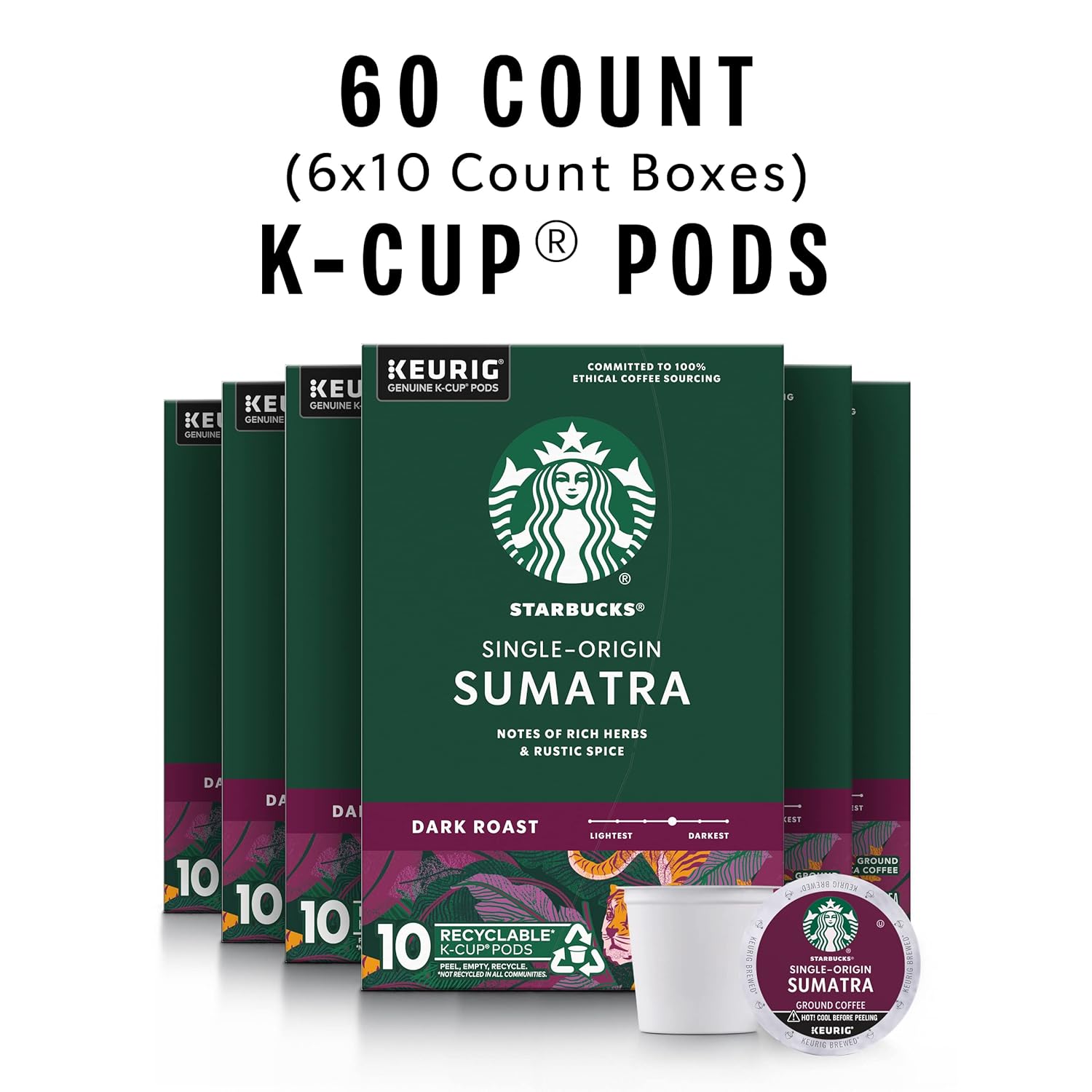 Starbucks K-Cup Coffee Pods - Dark Roast Sumatra, 100% Arabica, 60 Pods Total for Keurig Brewers