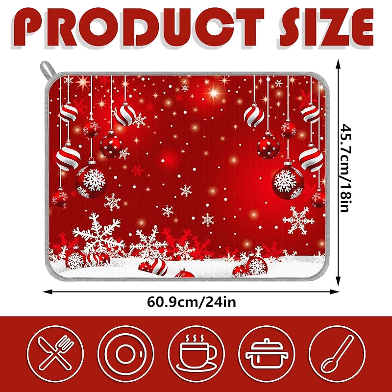 Christmas Dish Drying Mat 18 x 24 Inch - Red Snowflake Ball Absorbent Kitchen Counter Mat