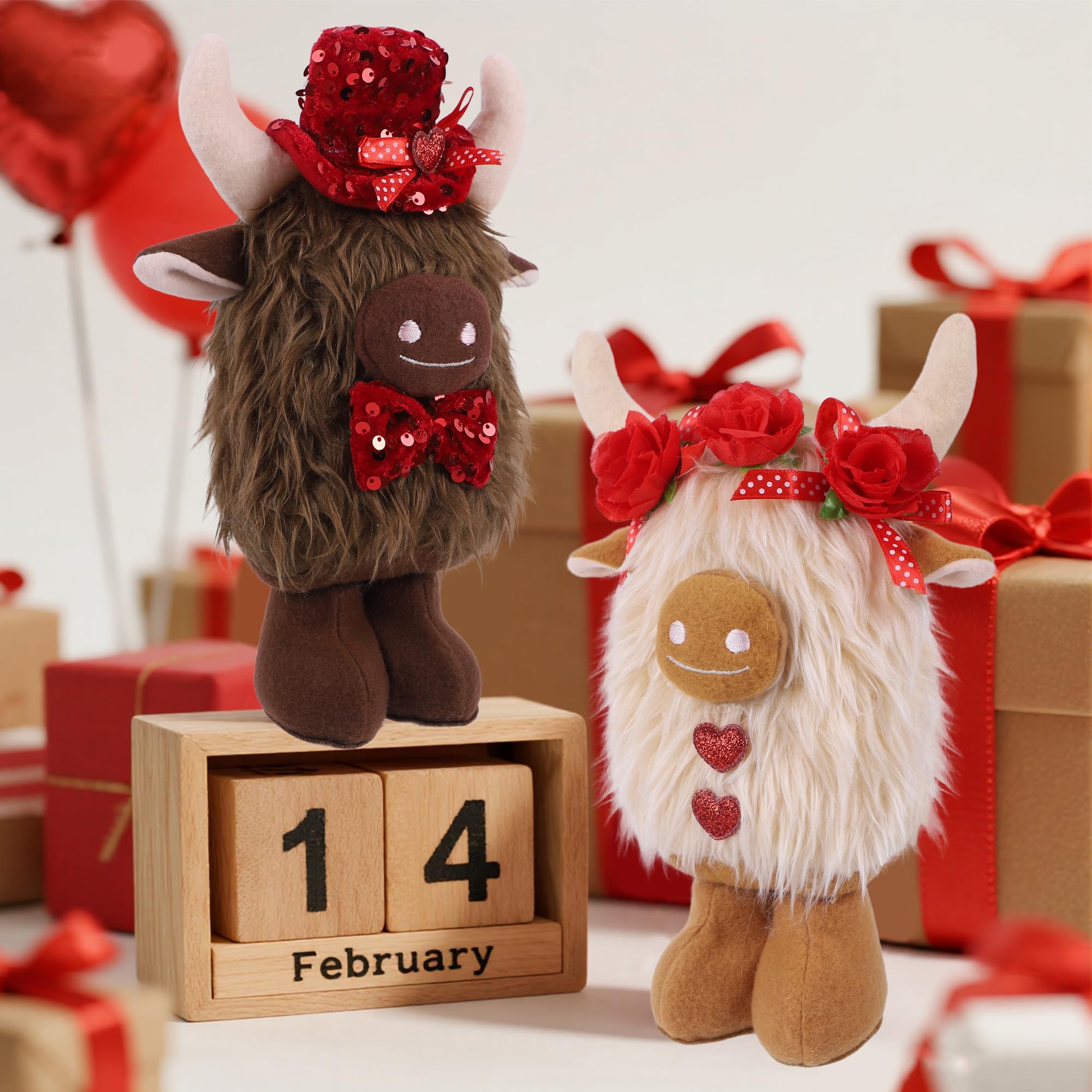 YOFIT 2 Pack Valentines Decorations for Home- Highland Cow Plush with Rose& Heart, Cute Valentine Day Desk & Shelf Display, Romantic Indoor Decor, Valentines Gift for Her/Him