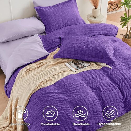 HYMOKEGE King Size Comforter Set - Dark Purple & Lavender Seersucker | 7-Piece All-Season Luxury Bedding Set