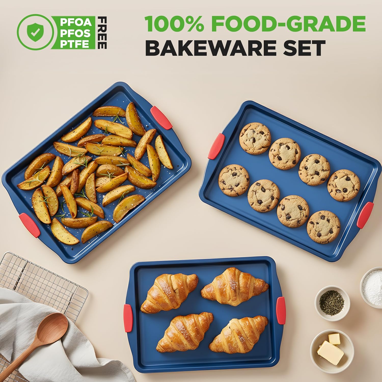 NutriChef Nonstick 3-Piece Baking Pans Set - Durable Carbon Steel Bakeware with Blue Coating & Red Silicone Handles