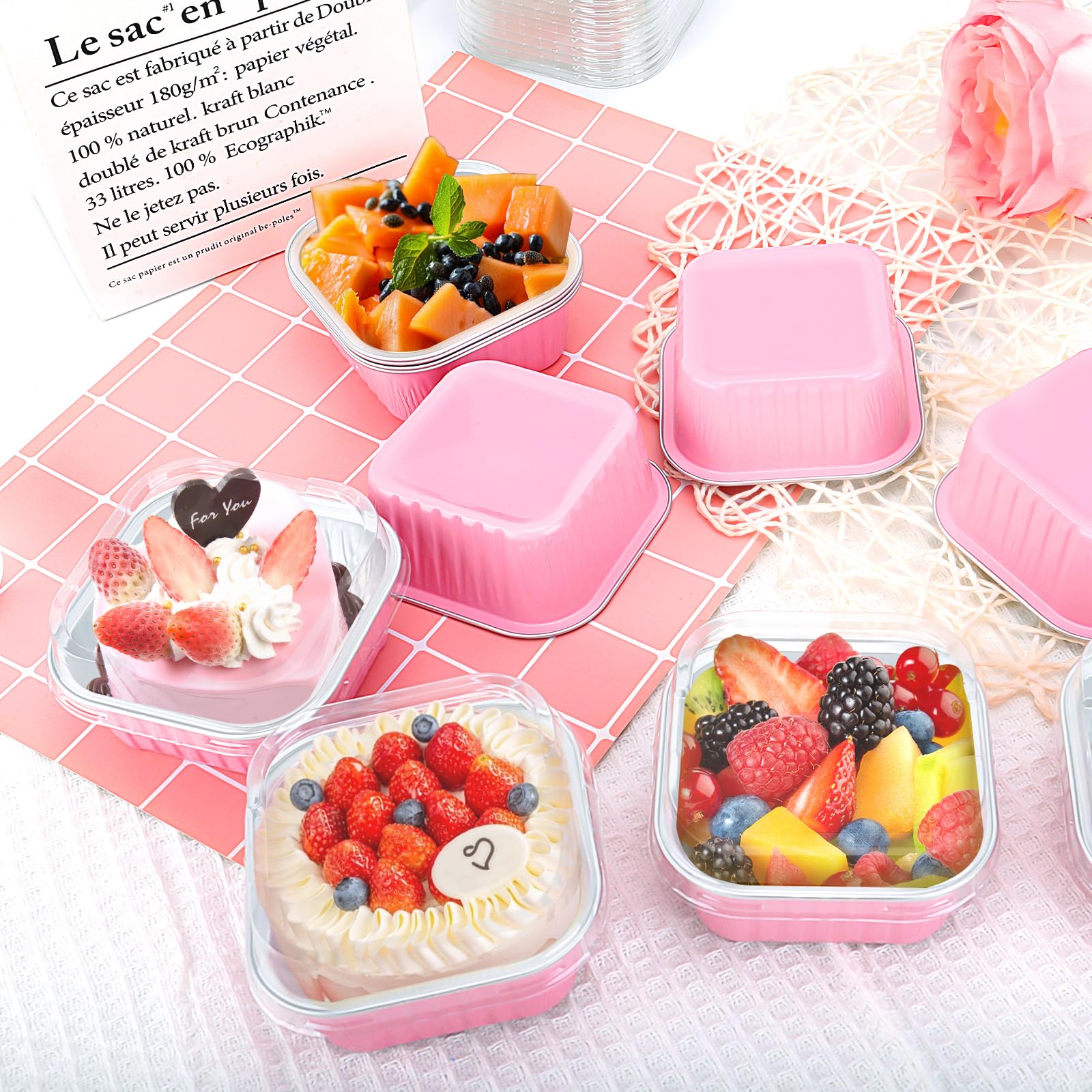 ylnurac 100Pack 5oz Pink Mini Cake Pans with Lids Baking Cups Aluminum Foil Pans Tins, Individual Dessert Cups Containers for Sales,Party,Picnics