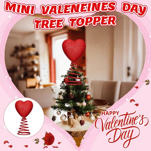 5 Inch Mini Valentine Day Hearts Tree Topper Glitter Tree Topper for Mini Trees Heart Decorations for Valentine's Day Party Holiday Ornament Home Decoration (Red)