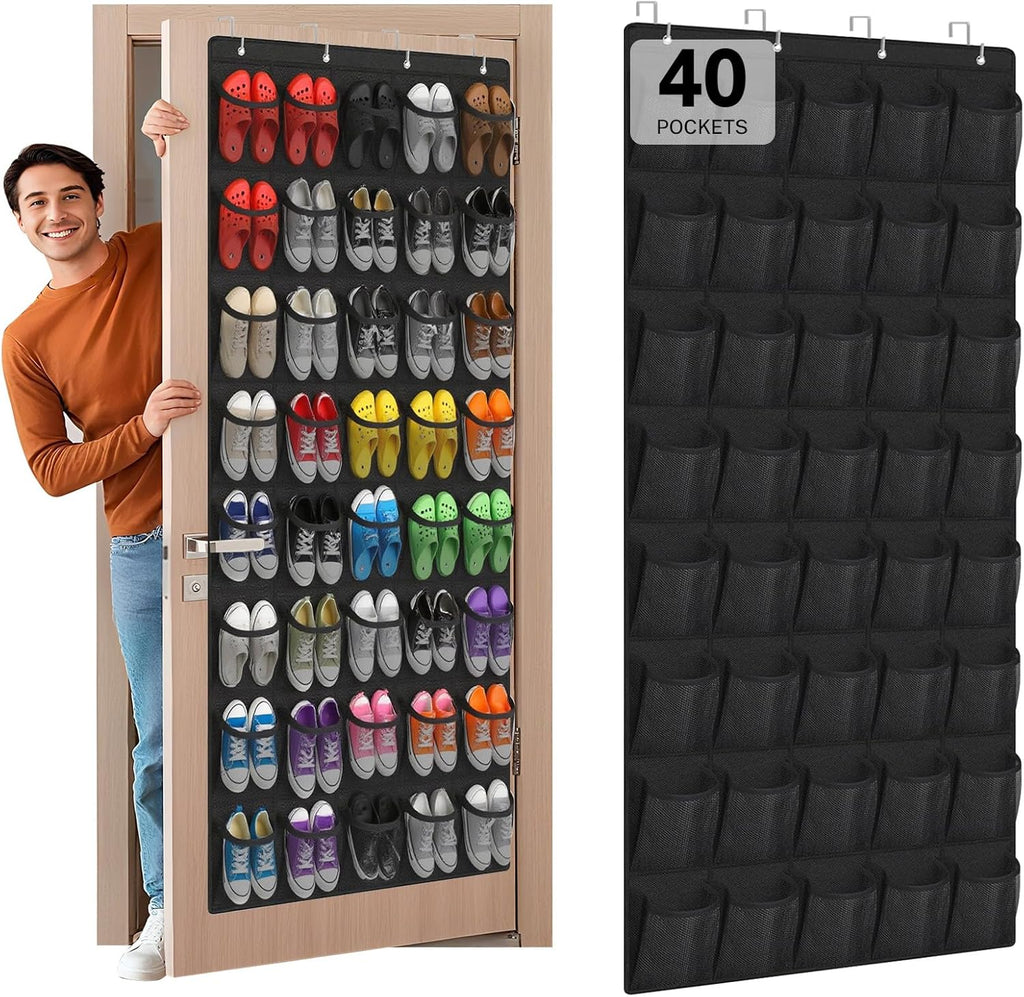 Skiennix Over The Door Shoe Organizer - 40-Pocket Hanging Rack for Closet Storage | Black Mesh Design