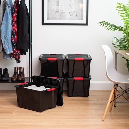 IRIS USA 40 Qt Stackable Storage Bins with Lids - BPA-Free, Durable Organizing Solution | Black, 4 Pack