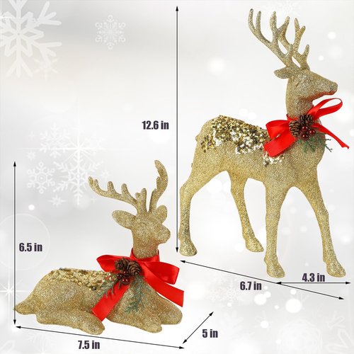 Juegoal Glitter Golden Reindeer Figurines - Set of 2 Christmas Tabletop Decorations | 12.6" Plastic Ornaments