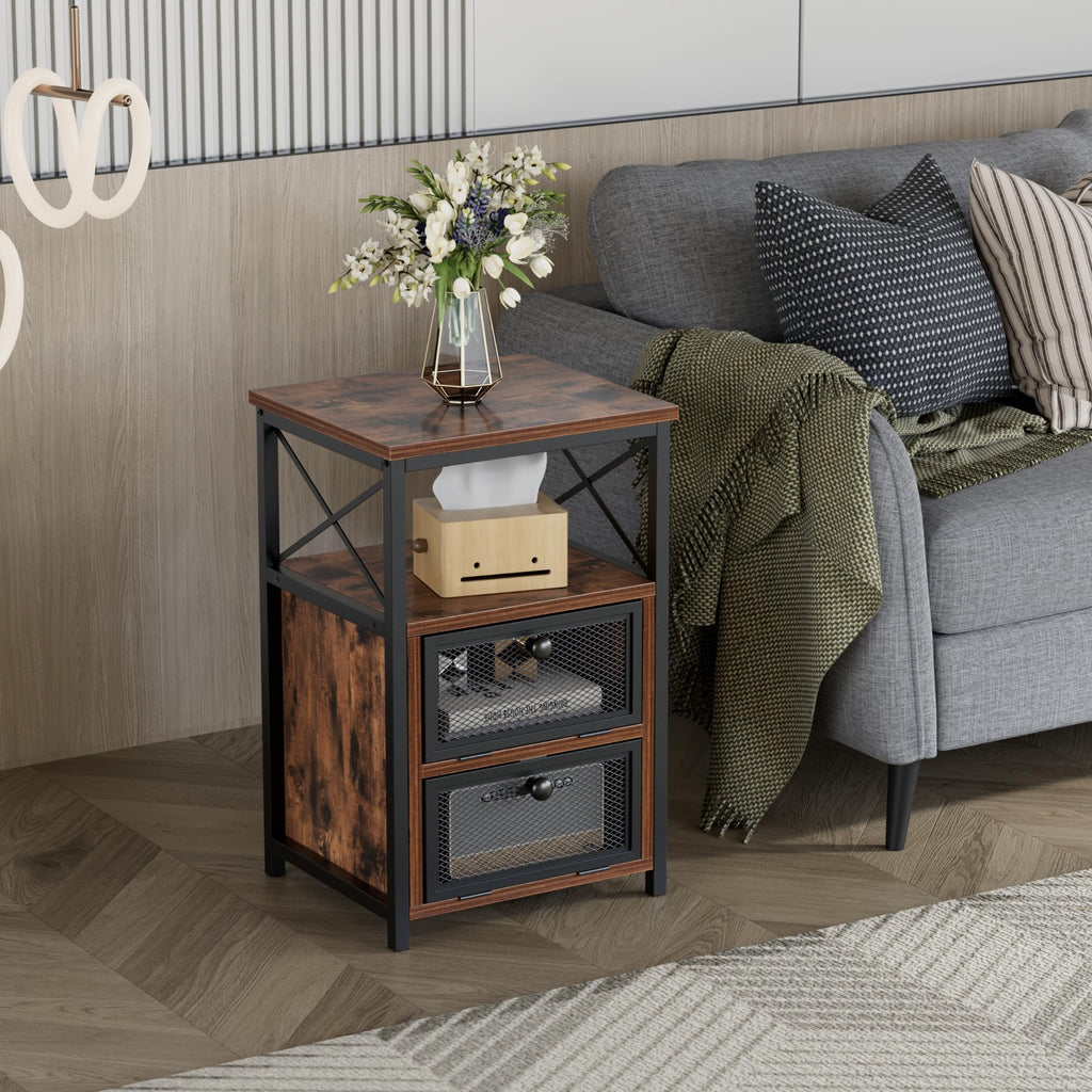 VECELO End Tables Set of 2 with Storage Space,Flip Door Night Stand for Living Room,Bedroom,Small Space,Rustic Brown
