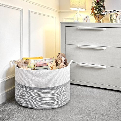 CHICVITA XXL Extra Large Cotton Rope Woven Basket with Handles, Throw Blanket Storage Basket, Decorative Clothes Hamper, 22" x 22" x 14", Gray
