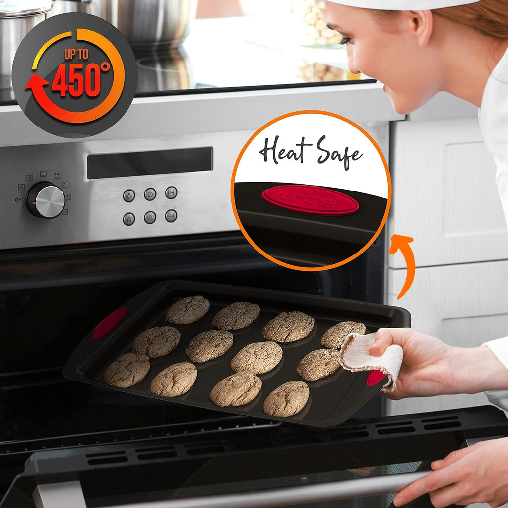 NutriChef 6-Piece Baking Pan Set - Nonstick Carbon Steel Bakeware with Red Silicone Handles | Includes Cookie Sheets, Roaster Pan, Loaf Pan & Muffin Pan (Black)