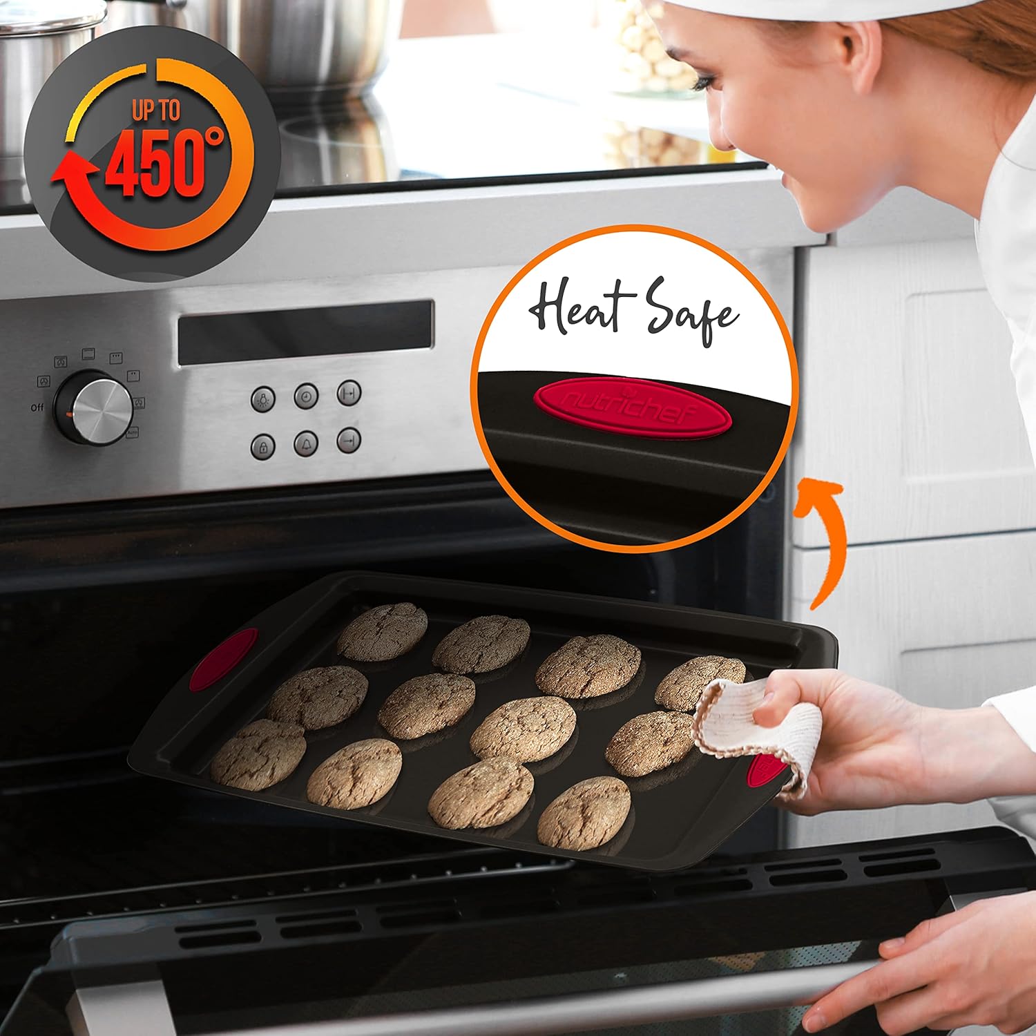 NutriChef 6-Piece Baking Pan Set - Nonstick Carbon Steel Bakeware with Red Silicone Handles | Includes Cookie Sheets, Roaster Pan, Loaf Pan & Muffin Pan (Black)