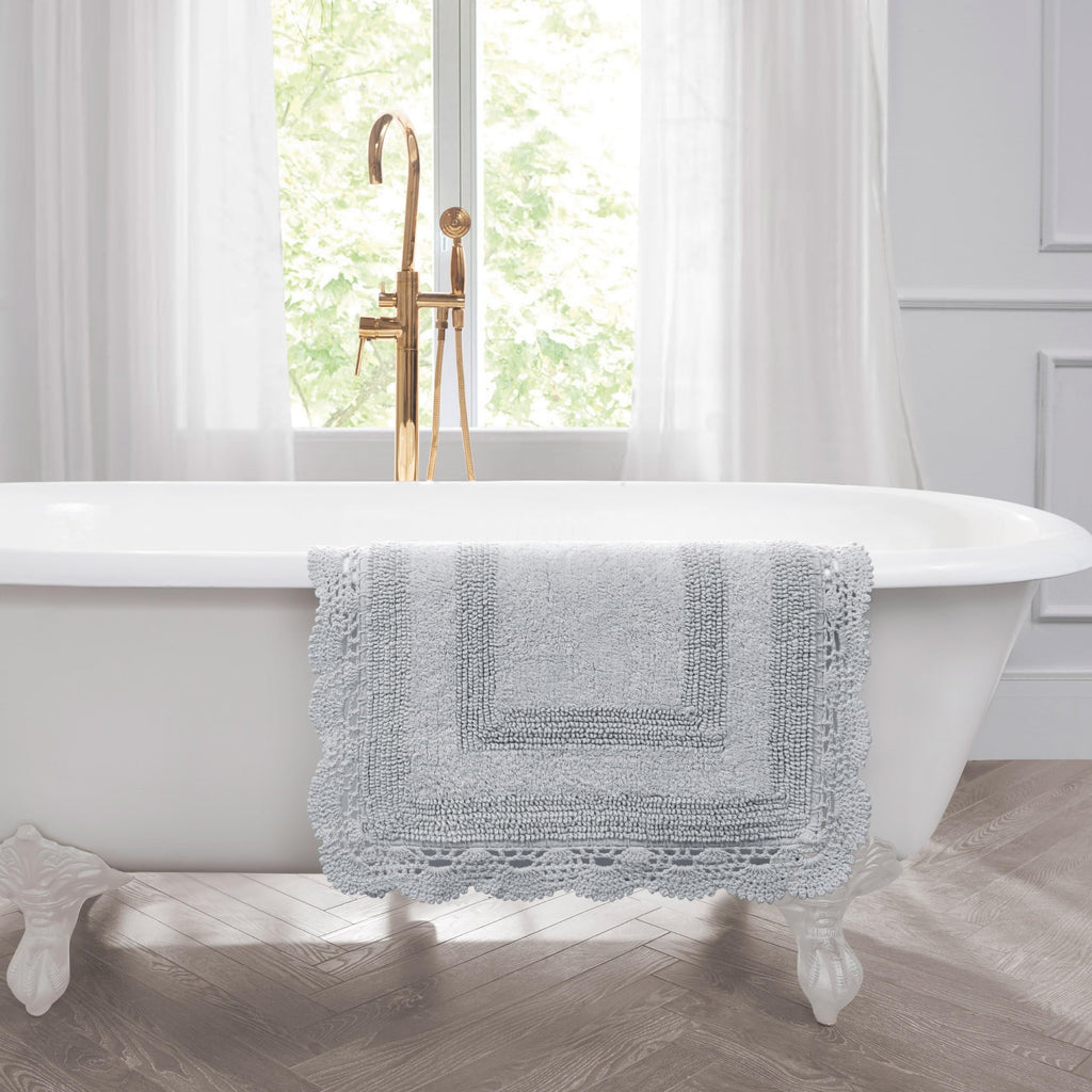 Laura Ashley Absorbent Bath Mat Reversible Crochet Soft and Plush Bathroom Mat 100% Cotton 2-Piece Bath Rug Set, Light Grey