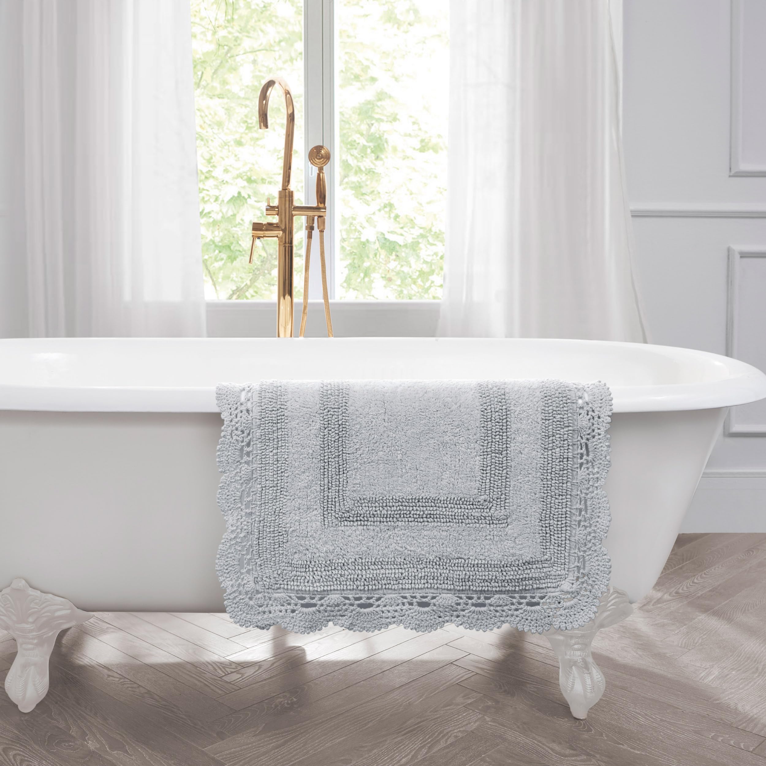 Laura Ashley Absorbent Bath Mat Reversible Crochet Soft and Plush Bathroom Mat 100% Cotton 2-Piece Bath Rug Set, Light Grey
