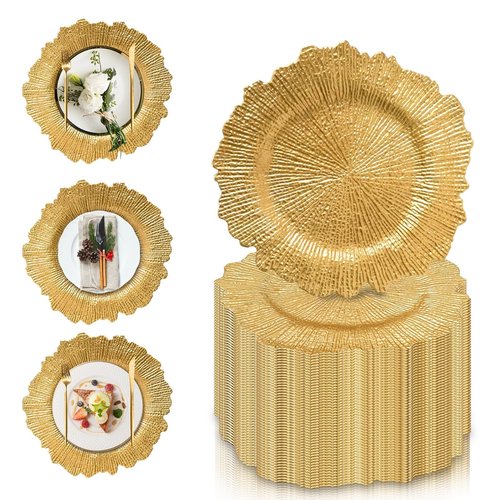 PROY 50 Pcs Gold Charger Plates Bulk, 13" Gold Reef Charger Plates for Wedding, Thanksgiving, Christmas, Plastic Chargers for Dinner Plates