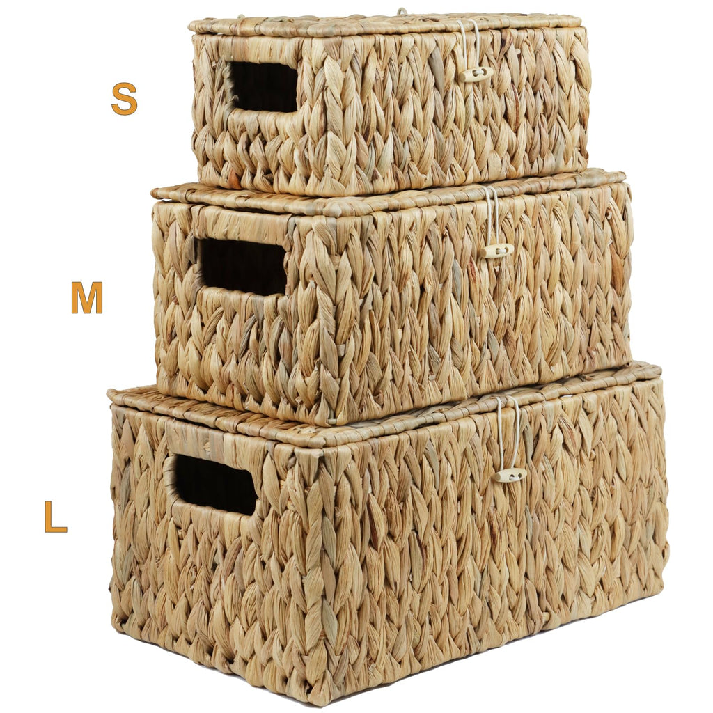 Small Wicker Basket with Lid, Natural Water Hyacinth Storage Baskets for Organizing, Rectangular Woven Basket for Storage, Decorative Boxes Bins with Lids and Built-in Handles (10.2" x 6.3" x 3.9")