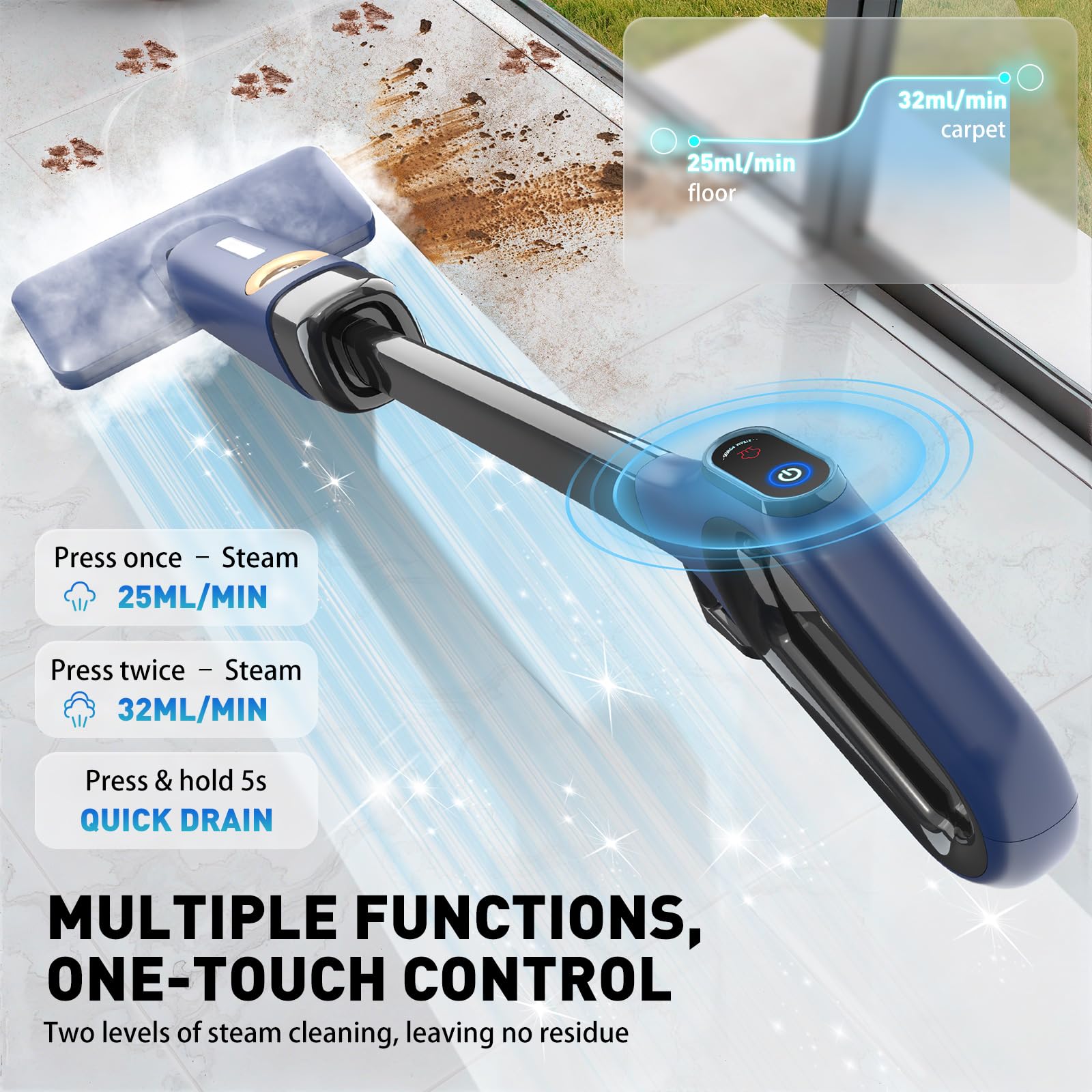 1500W Floor Steam Mop,Powerful Steam Mop for HardWood Floors with LED Display,Steam Mops for Floors Cleaning Steamer with 500ml Tank,Floor Steamers for Hardwood&Tile,10s Heat-Up