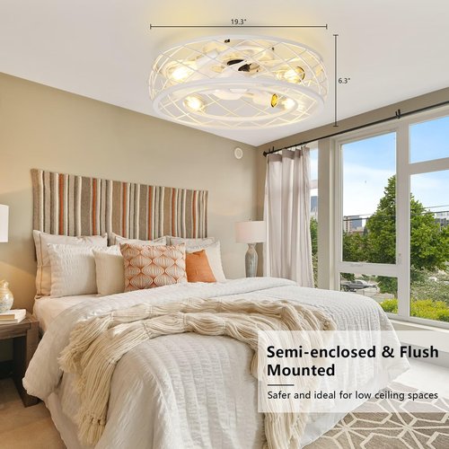 20 Inch White Low Profile Caged Ceiling Fan with Light and Remote, Flush Mount, Noiseless DC Motor, Reversible, 6 Speed with Timer, Rustic Bladeless Cage Design for Bedroom Kitchen Dining Room