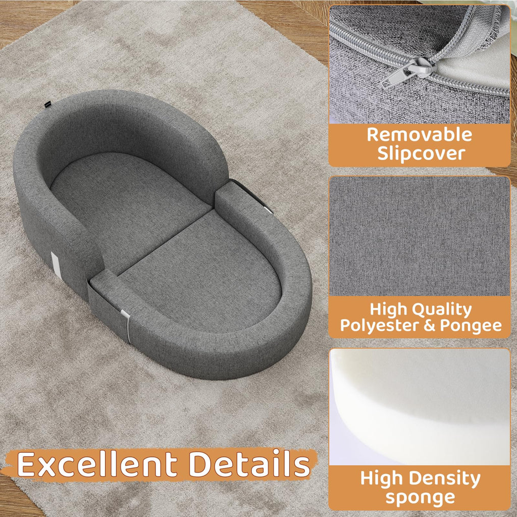 Cowiewie Toddler Travel Bed 2-in-1 Kids Sofa Chair with Removable Cover, Soft Foam Portable Foldable Toddler Bed for Travel with Carrying Bag