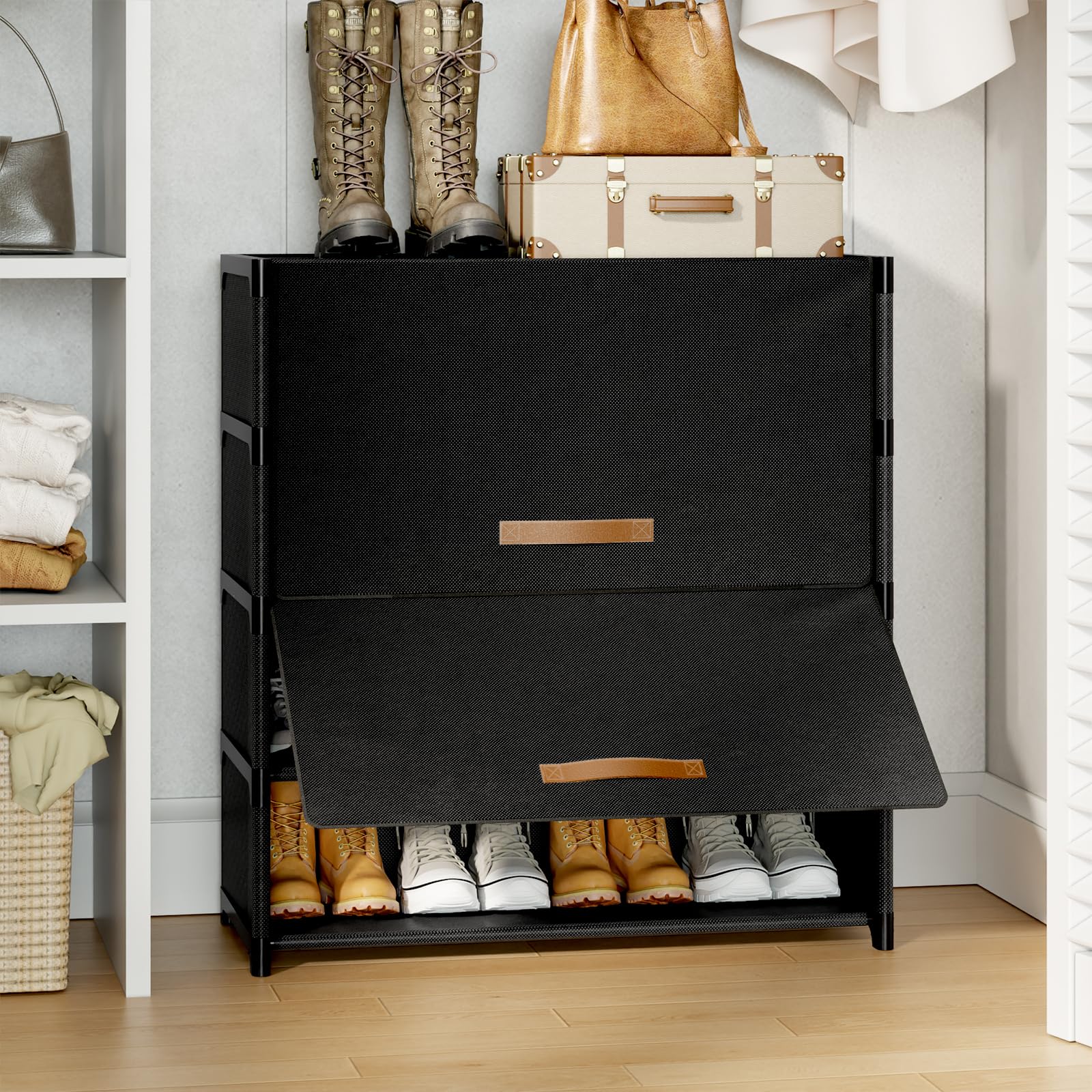 UNITSTAGE Shoe Rack, 5 Tier Shoe Storage Cabinet with Door 20 Pair Plastic Shoe Shelves Organizer for Closet, Entryway, Hallway, Bedroom, Black