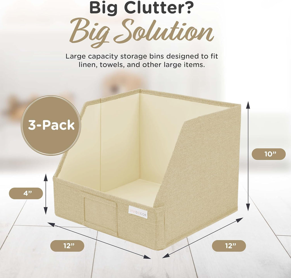 VIVIDECOR Trapezoid Storage Bins - 3-Pack Foldable Fabric Closet Organizers | Beige Cube Baskets for Clothes