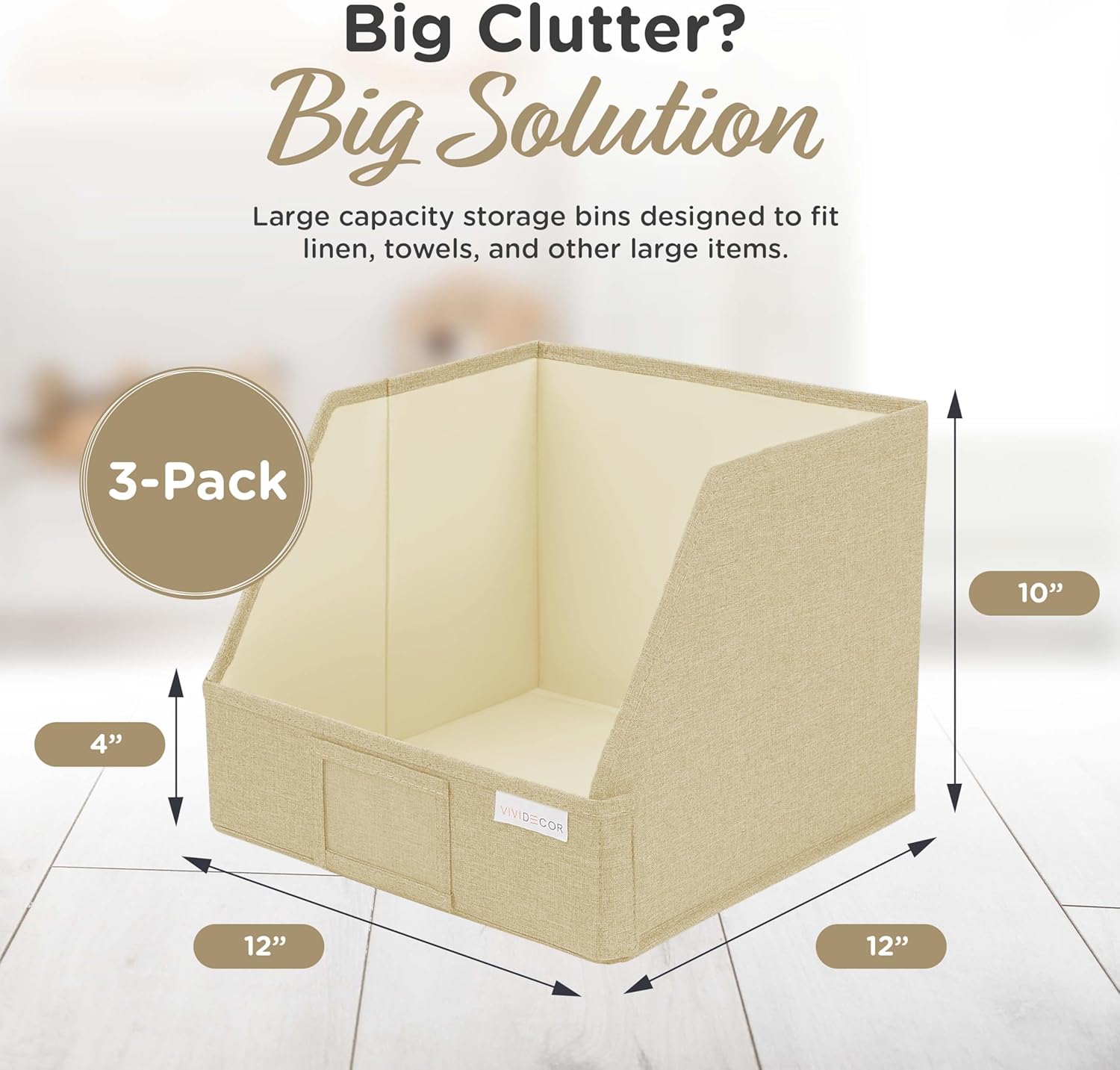 VIVIDECOR Trapezoid Storage Bins - 3-Pack Foldable Fabric Closet Organizers | Beige Cube Baskets for Clothes