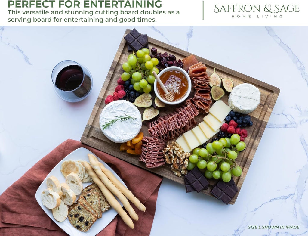 Saffron & Sage Large Wood Cutting Board - Thick 16 x 12 x 1.5 Inch Acacia with Deep Juice Groove | Reversible Chopping & Charcuterie Board