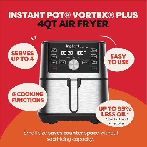 Instant Pot 4QT Vortex Plus Mini Air Fryer - 6-in-1 Versatility with Custom Programs & 100+ Recipes