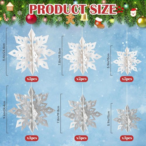 GuassLee 15-Piece 3D Glitter Snowflake Decorations - White & Silver Paper Garland for Winter Wonderland Parties