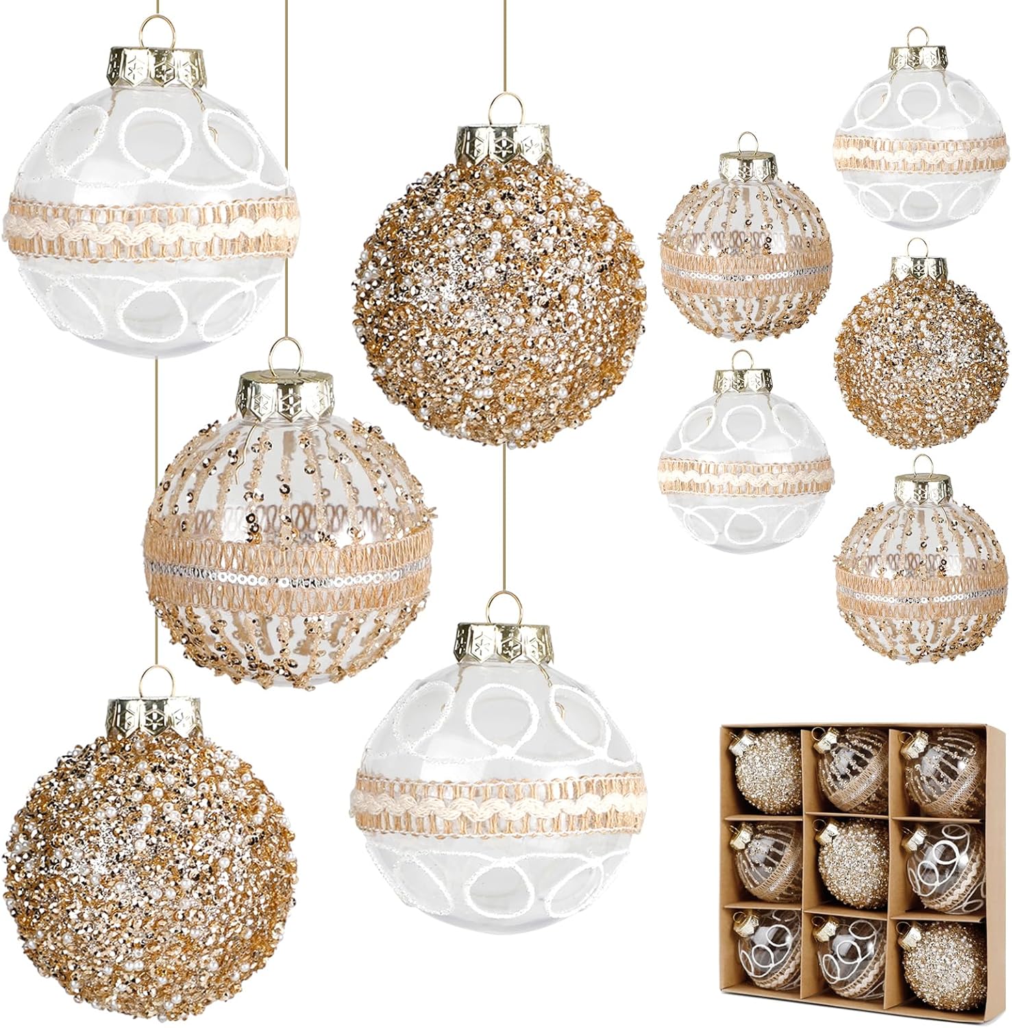 Regine Switzerland 9-Piece Christmas Ball Ornaments Set - Shatterproof Clear Champagne Decor for Holiday Parties