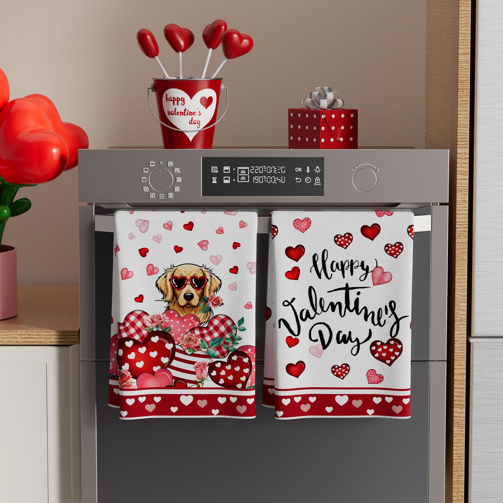 XCHI Happy Valentine's Day Love Hearts Dog Kitchen Towels Dish Towels 18x26 Inch Home Kitchen Decorations Hand Towels Set of 2 Drying Dishcloth
