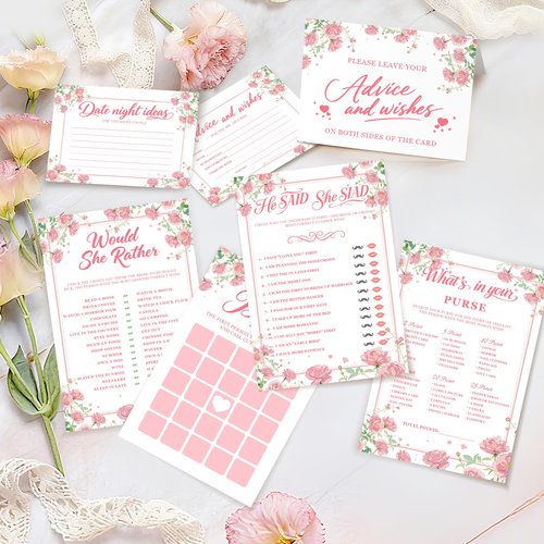 GAMSUNSTAR Bridal Shower Games-Heavy Cardstock,5 Fun Activities for 32 Guests, Includes Bingo,He Said She Said, Would She Rather,Whats in Your Purse,Advice and Wishes for The Mr and Mrs(Floral)