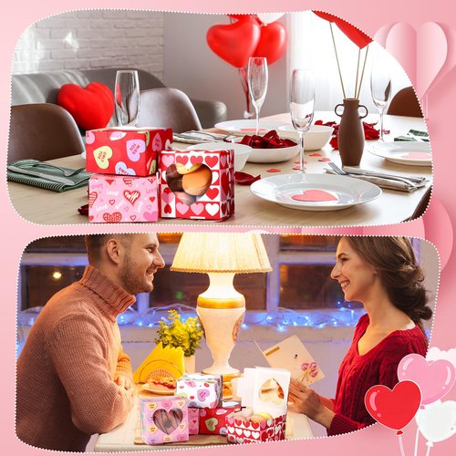 Dispowreath 24 Pcs Valentine's Day Treat Boxes Conversation Heart Cardboard Box with PVC Window Valentines Sweet Bakery Box Pink Red Paper Gift Container for Cookie Goodie Candy Wedding Party Favors