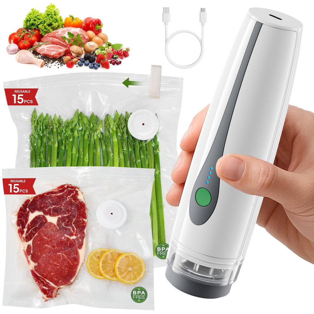 Handheld Portable Vacuum Sealer Machine for Food Storage, Compact Vacuum Sealer for Food, Powerful Seal Meal Saver, 30 Reusable Vacuum Bags, for Kitchen/Travel/Meal Prep
