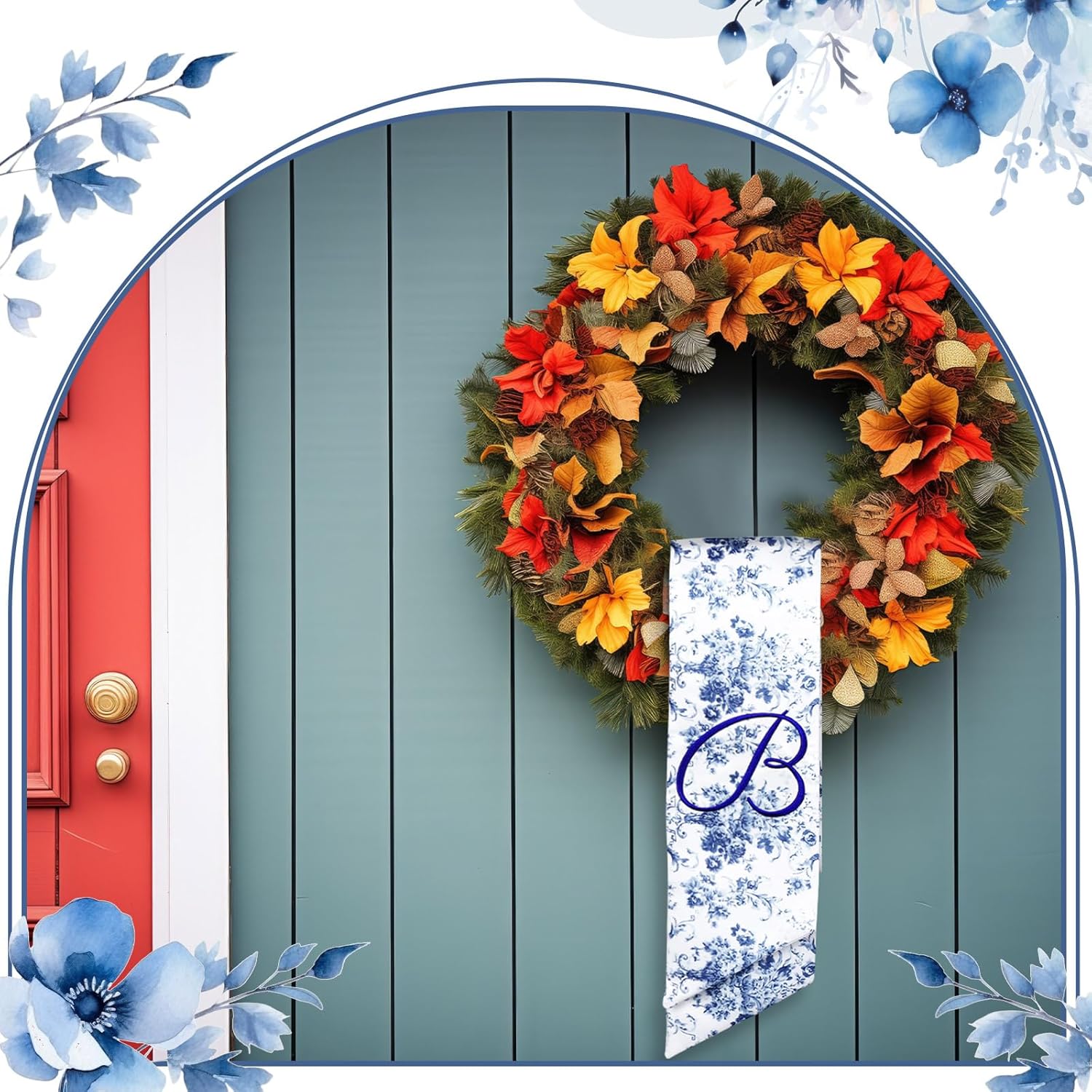 Mindsoft Monogram Wreath Sashes - Embroidered Letter B Chinoiserie Design | 56.2 Inch Blue & White Door Decor