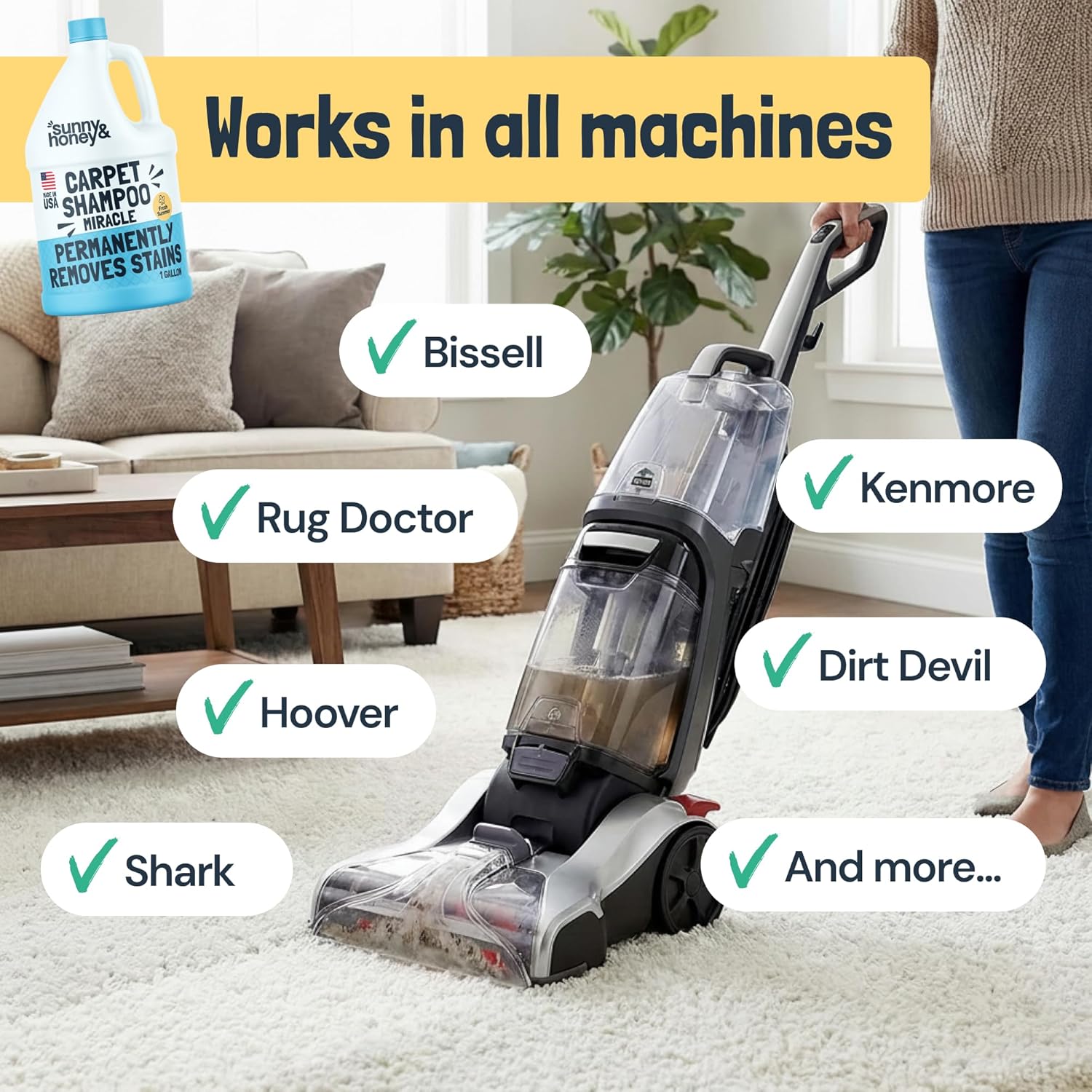 Sunny & Honey Carpet Cleaner Solution - Deep Stain Remover & Deodorizer for Pets - 128 fl oz Fresh Summer Scent