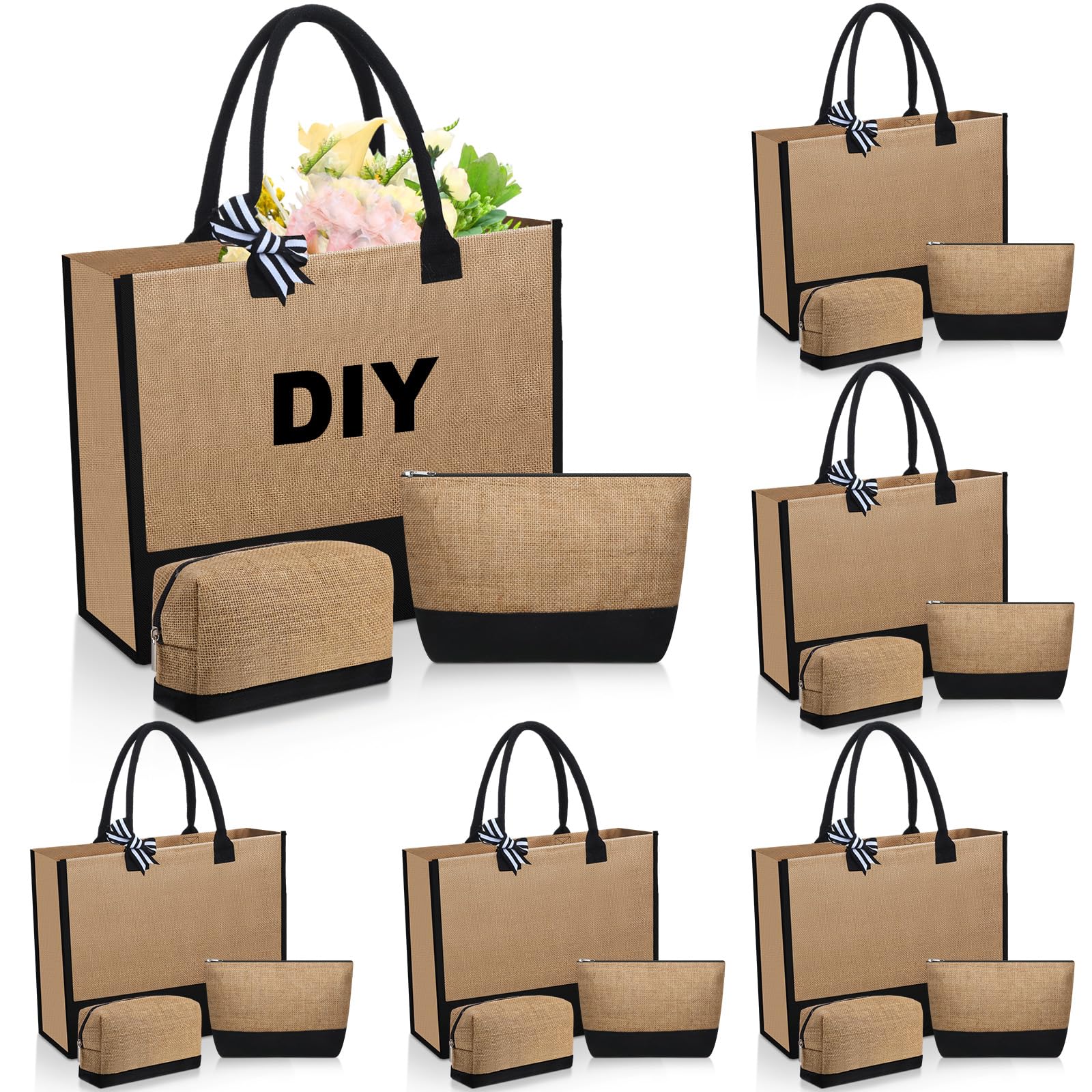 Locmeo 18 Pcs Burlap Tote Bags Bulk and Makeup Bag Set Large DIY Jute Tote Personalized Gift for Wedding Bridesmaid Women(White)