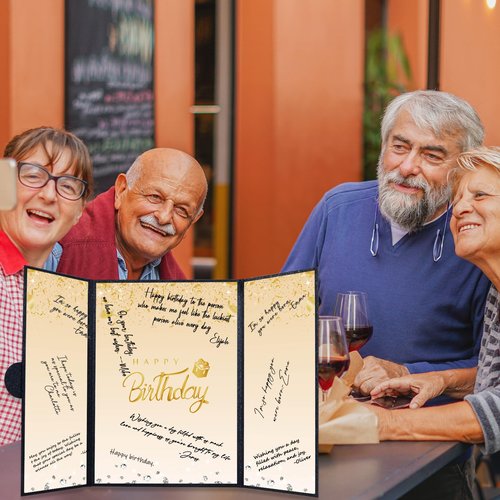 Crenics Black and Gold Birthday Decorations for Women Men, Creative Birthday Guest Sign in Book Alternative, Happy Birthday Signature Book 18" x 12", Great Birthday Gifts for Girls or Boys
