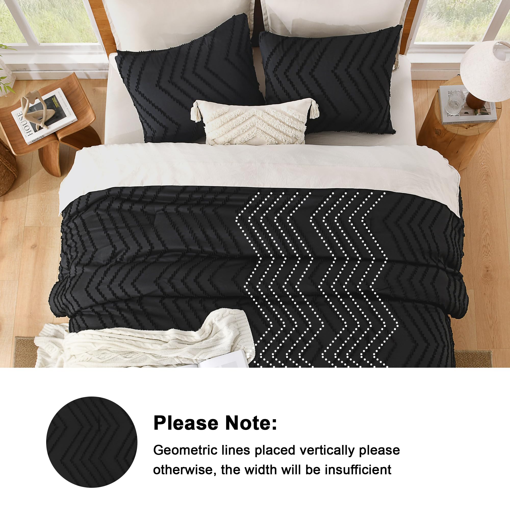 Litanika Oversized King Comforter Set 120x98, 3 Pieces Boho Chevron Tufted Bedding Comforter Sets, Fluffy Bed Set Black