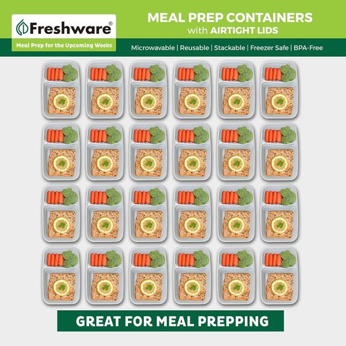 Freshware Meal Prep Containers - 25 Pack 2-Compartment Bento Boxes | BPA-Free, Stackable, Microwave & Freezer Safe (28 oz) - Grey