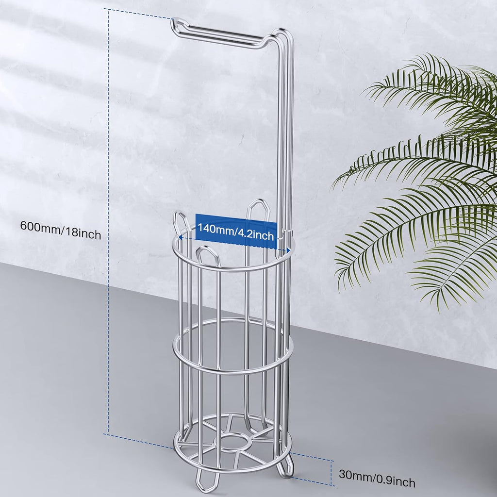 Meangood Toilet Paper Holder Stand - Free Standing Tissue Roll Dispenser for 4 Mega Rolls | Metal Wire Silver