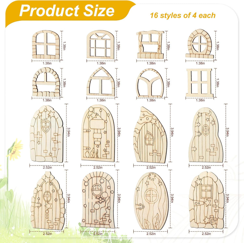 Skiennix Fairy Door Mini Wooden Garden Doors - 64 Pcs Unfinished DIY Craft Kit for Home Decor