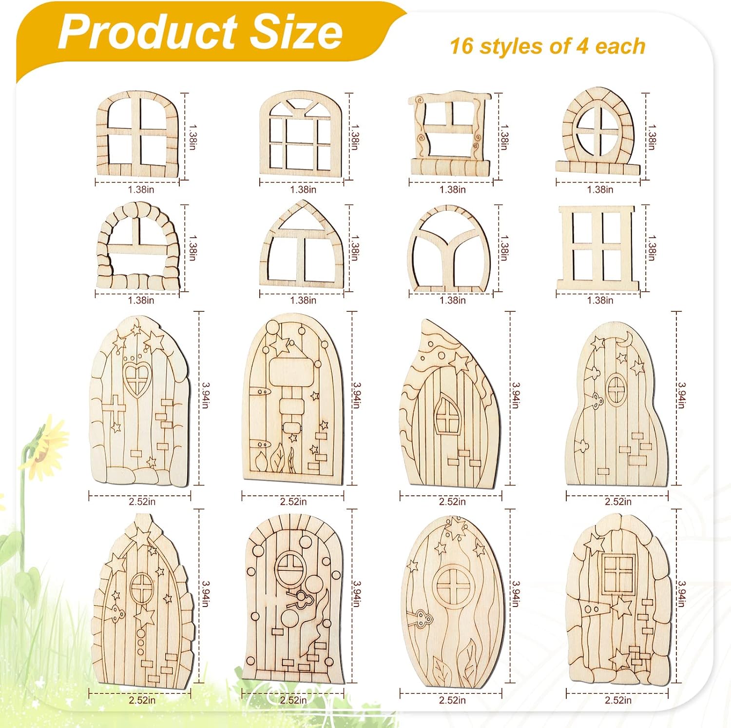 Skiennix Fairy Door Mini Wooden Garden Doors - 64 Pcs Unfinished DIY Craft Kit for Home Decor