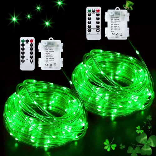 JMEXSUSS Battery Operated Green String Lights - 200 LED Waterproof 66ft Rope Lights with Remote for St. Patrick's Day Decor