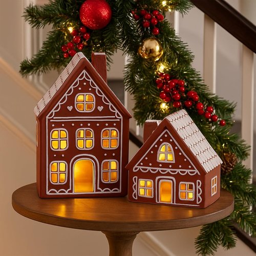 Funnymoom Lighted Ceramic Gingerbread Houses - Pre-Lit Christmas Tabletop Decor | 2 Sets for Holiday Cheer