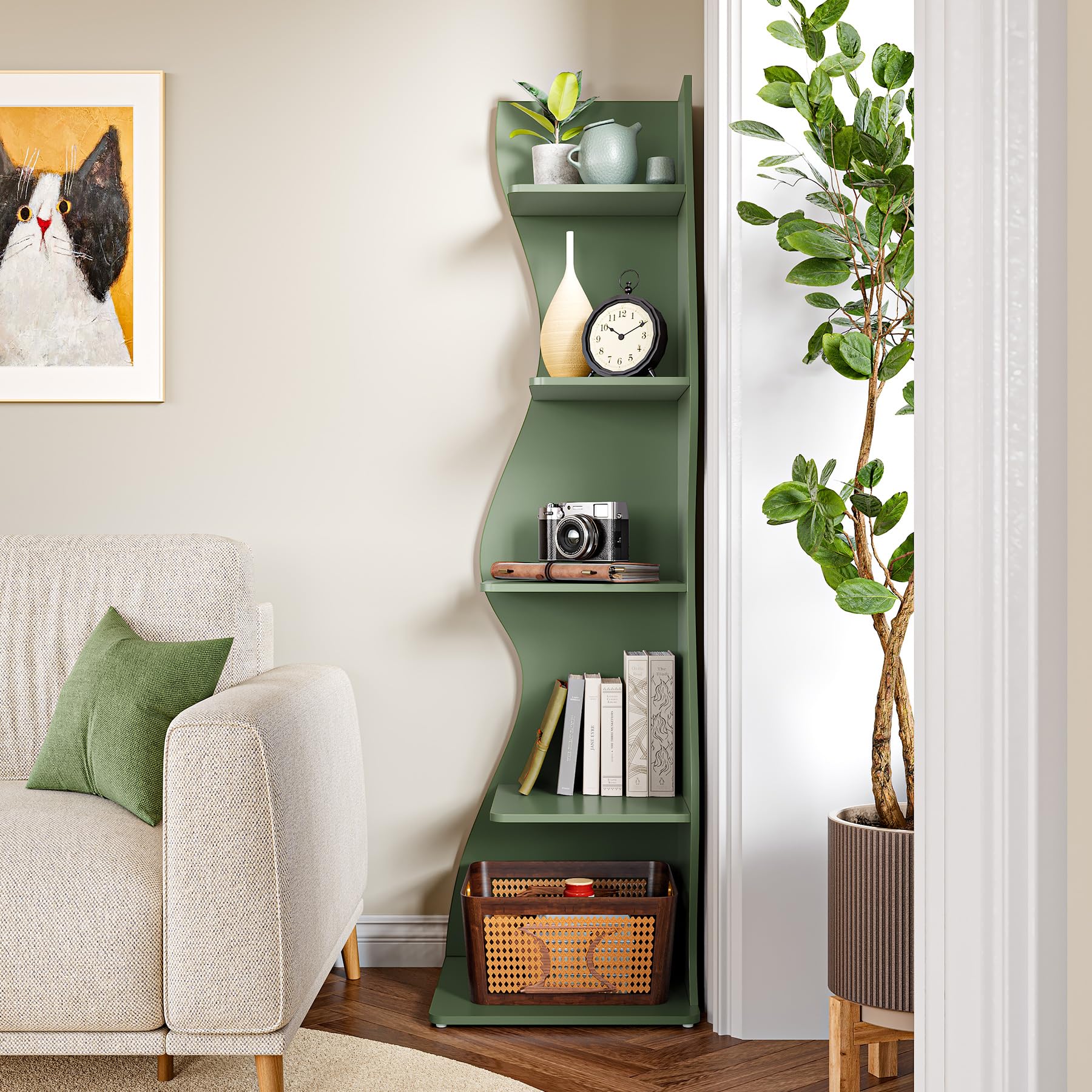 LITTLE TREE Small Corner Shelf, Modern 5-Tier Wall Corner Bookshelf, Stylish Bookcase Storage Rack for Small Space, Living Room, Bedroom