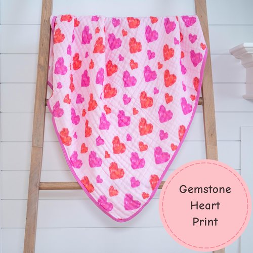 LollyBanks Baby Blanket, 100% Organic Cotton Muslin Quilt for Girls, 47 x 47 Inches Toddler Quilt, Soft and Breathable 6-Layer Newborn Blankets, Crib Bedding Essential (Gemstone Heart Print)
