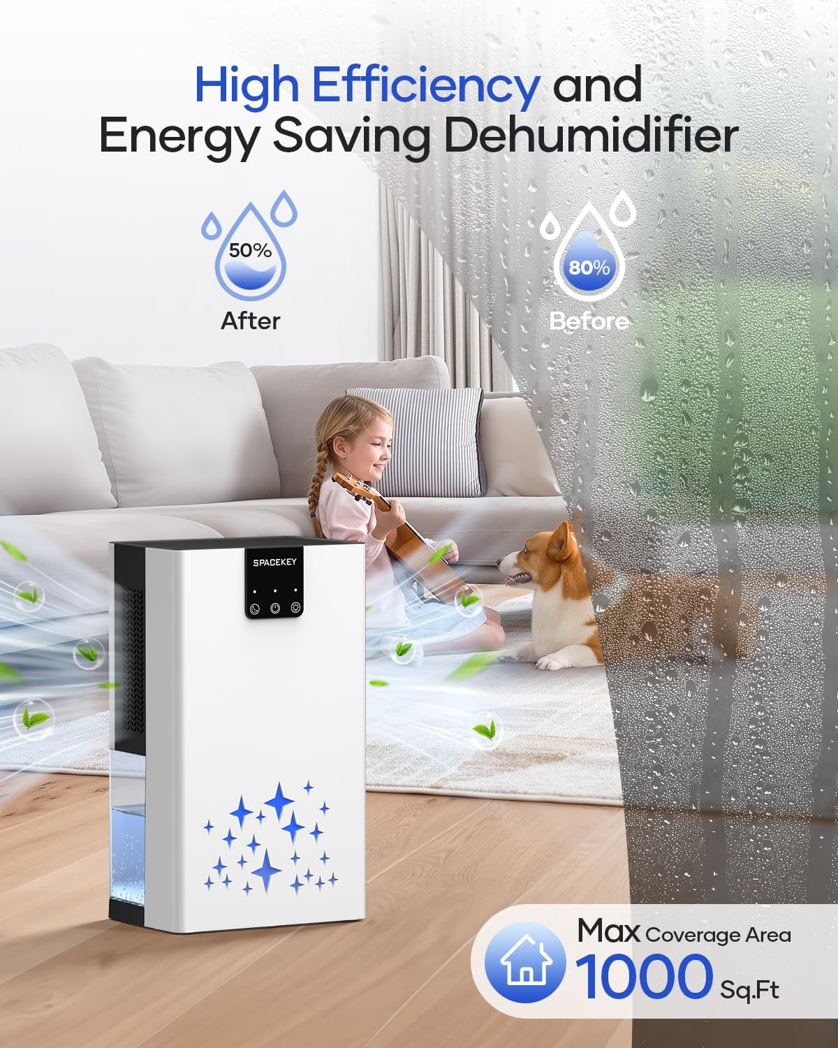 Skiennix Dehumidifier - 95 OZ Water Tank for Home | Auto Shut Off, 1000 sq. ft. Coverage, Quiet Sleep Mode