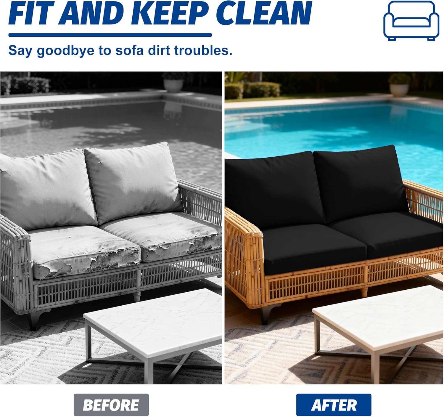 Skiennix Patio Stretch Cushion Covers - Washable Outdoor Sofa Slipcovers for 4 Cushions | Black
