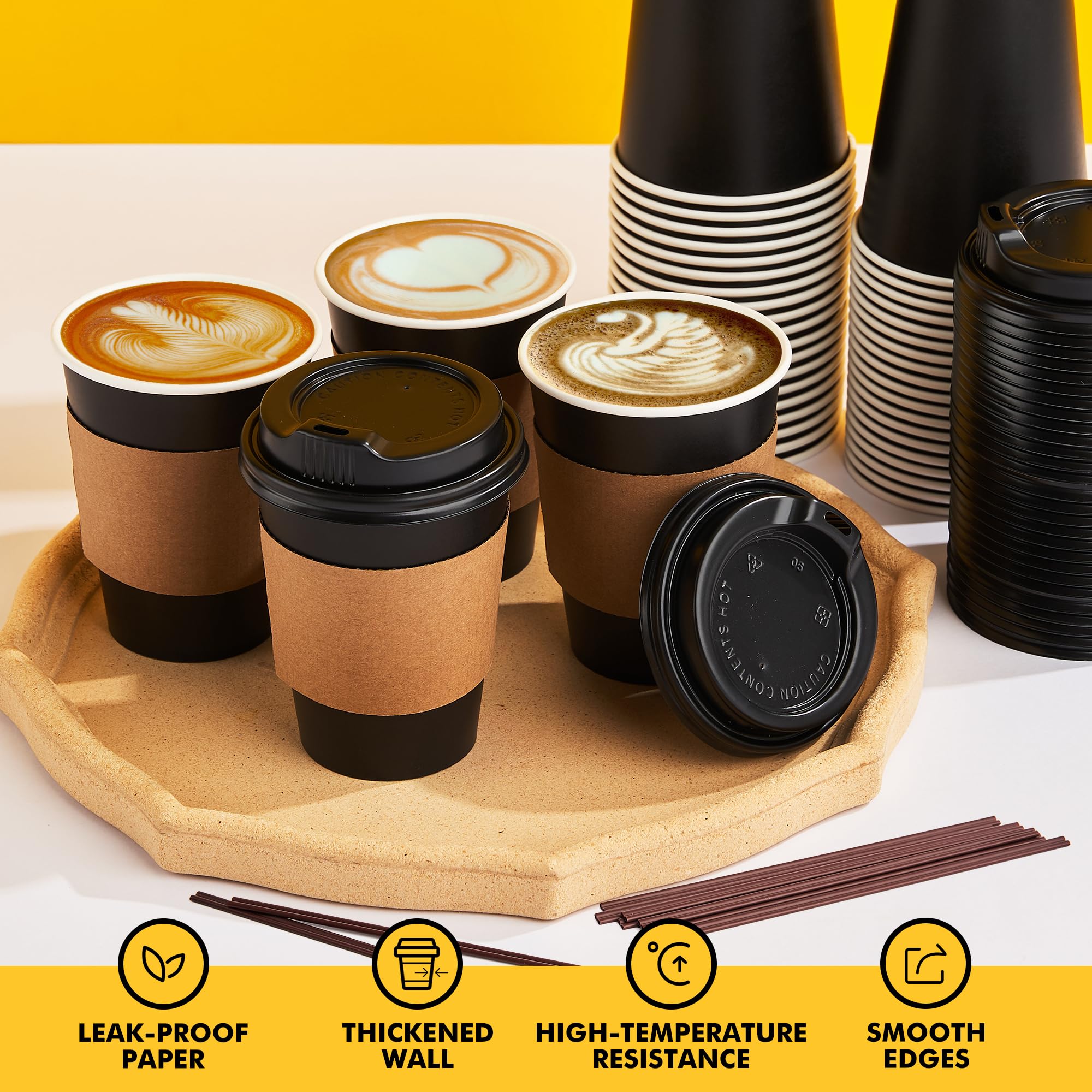 RACETOP 50 Pack 12 oz Coffee Cups with Lids, Black Disposable Coffee Cups with Lids, Sleeves and Stirring Sticks, Hot Paper Coffee Cup 12 oz for Hot Drinks, Parties, Picnic, Travel, and Events