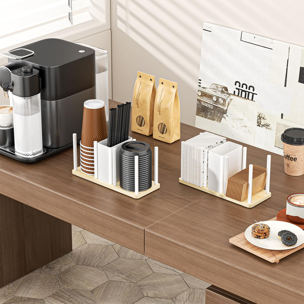 XILIMEN Cup and Lid Holder with Straw Organizer, 3 Compartment Coffee Cup Holder Organizer, Coffee Cup Dispenser for Coffees Station Home Countertop, for Disposable Paper & Plastic Cups, White